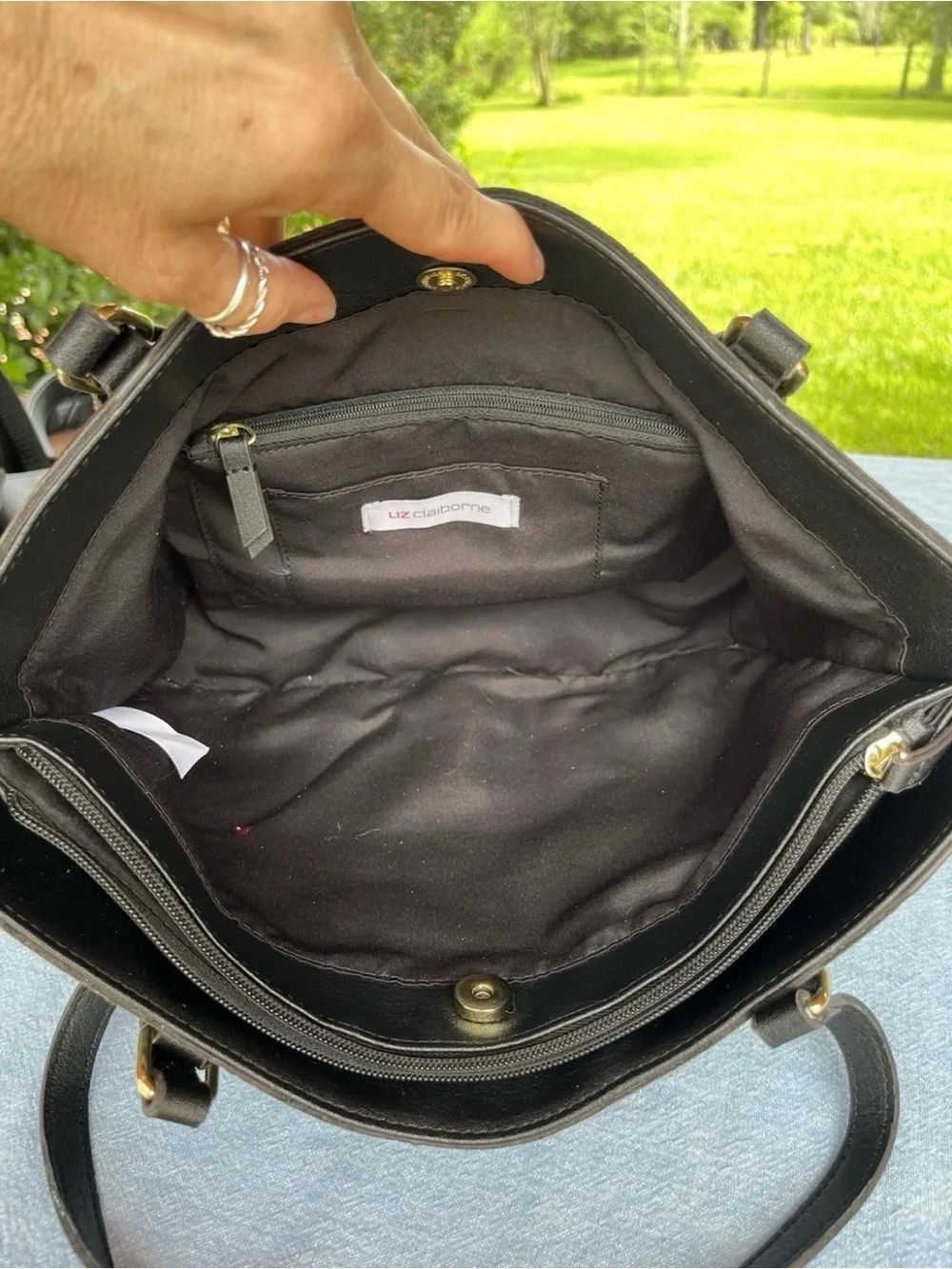 Liz Claiborne “Jessica” Black Leather Shoulder Tote with Gold Hardware